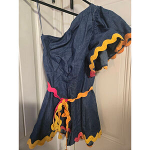 Women's The Boutique Denim One-Shoulder Romper L Blue Orange